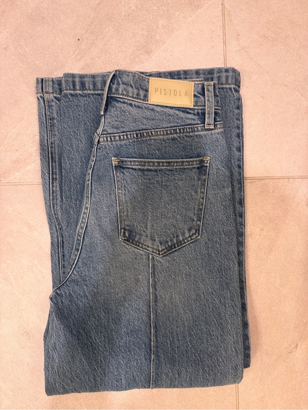 Pistola Light Blue Denim Mom Jeans with Tan Patch